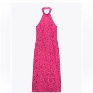 Hot Pink Lace Halter Maxi Dress-Zara
